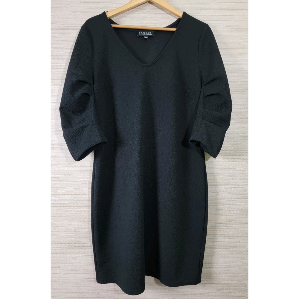 ELOQUII Womens Black Textured V-Neck‎ Shift Dress Ruched 3/4 Sleeve Size 16